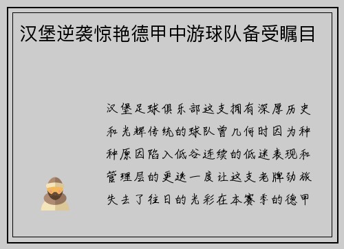 汉堡逆袭惊艳德甲中游球队备受瞩目